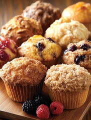 Assorted Berry Muffins with Fresh Berries on Wooden Board