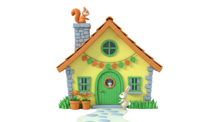 Whimsical 3D cartoon house with animals and autumn decor