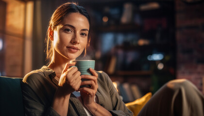Portrait of a relaxed woman enjoying a warm drink in a cozy living room