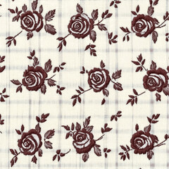 Embroidered Maroon Roses on Cream Checkered Fabric