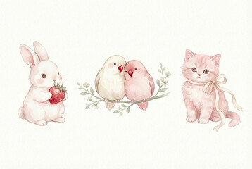 Cute watercolor baby animals set with bunny, love birds and kitten, soft pastel hand painted illustration isolated on white