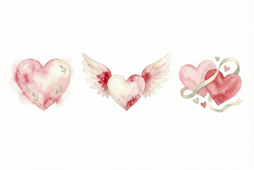 Watercolor pink hearts set with wings and infinity ribbon, romantic hand painted love symbols isolated on white