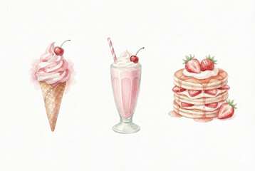 Set of cute pink watercolor strawberry desserts: ice cream, milkshake and pancakes illustration