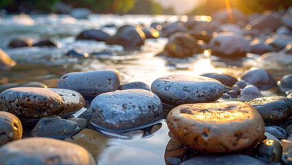 Peaceful Zen Stones in Flowing Water with Warm Sunlight
