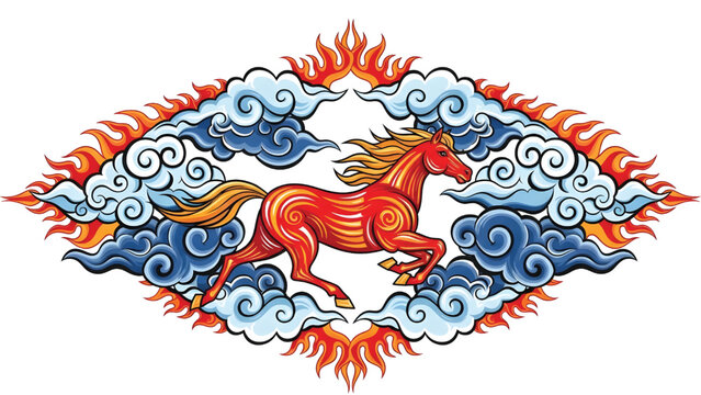 Vektor kuda berlari Imlek dengan motif awan dan api tradisional Cina