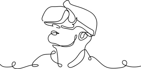 Continuous one-line drawing of a man wearing glasses and using a virtual reality device, representing Gen Z digital lifestyle.