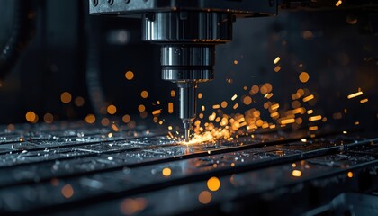 High-detail close-up of a CNC milling machine cutting metal, showcasing precision engineering and modern manufacturing processes.