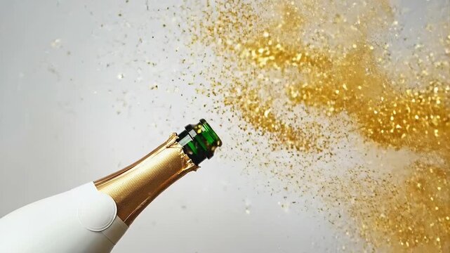Slow motion burst of golden champagne bubbles exploding from bottle celebrating special occasions