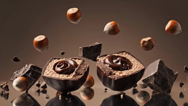 Slow motion close up of chocolate praline with hazelnuts and chocolate chunks falling around
