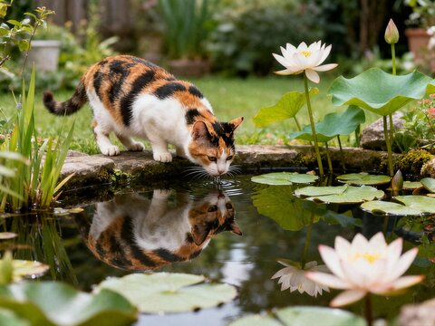 A curious calico cat leans down to drink water from a peaceful garden pond surrounded by blooming white lotus flowers and green lily pads.