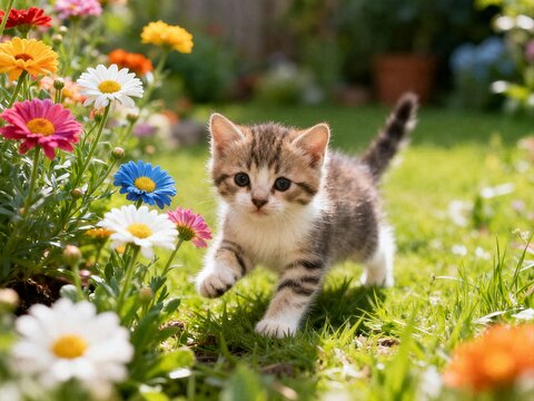 A tiny striped tabby kitten walks playfully through a lush green garden filled with vibrant colorful daisies and bright summer sunlight in the grass. - Powered by Adobe