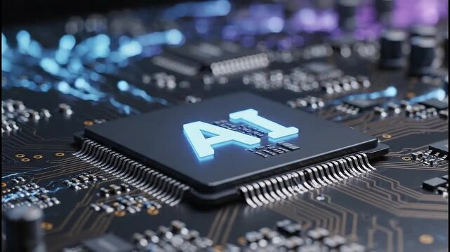 AI Computer Chip Illuminated on Futuristic Circuit Board Technology Concept