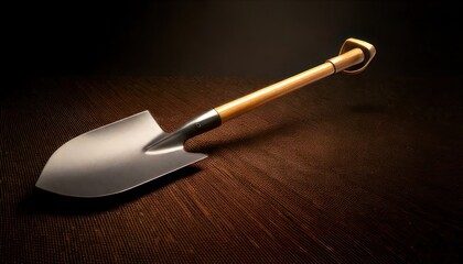 Close-up of a shiny metal shovel with wooden handle.