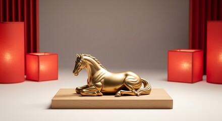 Luxury Golden Horse Symbolizing Chinese New Year in Red and Gold Decor Indoor Setting Artistic Display