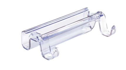 A clear plastic adhesive hook on a white background