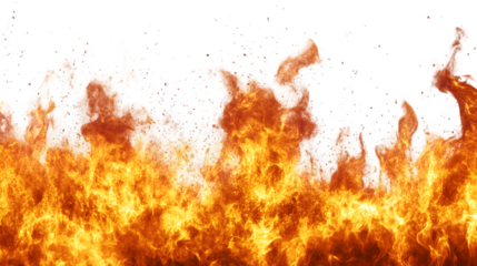 A large fire with flames rising against a white background
