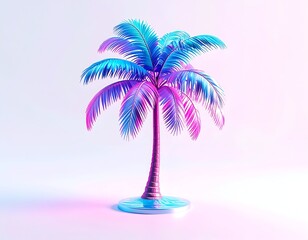 Vivid, stylized palm tree in neon blue, pink, and purple, white background