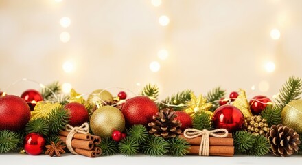 Christmas decorations with red and gold baubles, pine cones, and cinnamon sticks on a white background with fairy lights.