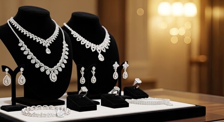 Two diamond necklaces and earrings on display in a jewelry store.