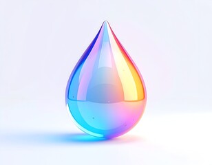 Shiny, refractive water droplet with rainbow-like colors, white background