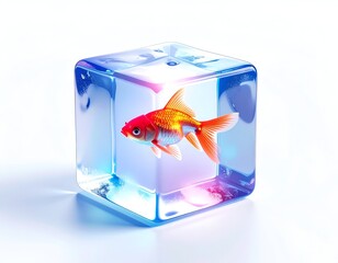 A goldfish trapped inside a translucent ice cube on a bright white surface