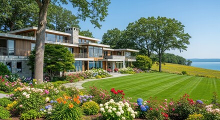 A modern, luxurious waterfront home with a lush garden and expansive lawn, featuring a large, well-maintained lawn with vibrant flowers and a serene lake view.