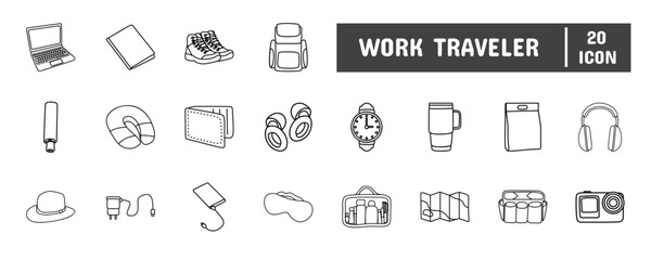 20 Work Traveler Line Icon Illustration Set