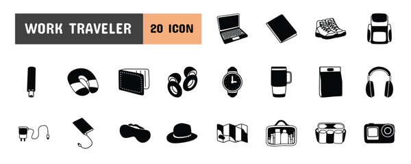 20 Work Traveler Glyph Icon Illustration Set