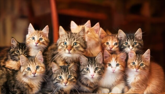 A charming gathering of adorable tabby kittens posing together.