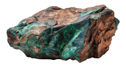 Raw malachite rock with rough texture, showing beautiful green and brown natural mineral deposits on transparent background