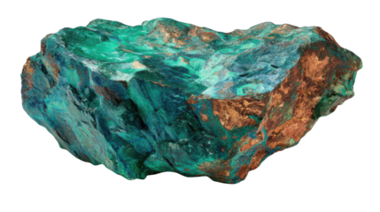Rough raw copper ore rock with green malachite and bluish azurite minerals on transparent background