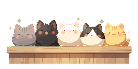 Urocze, puszyste kotki w stylu kawaii siedzące obok siebie na drewnianej półce