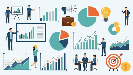 Business meeting and data analysis icons with charts and graphs.