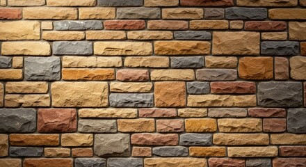 A rustic stone wall with a variety of earthy tones and textures.