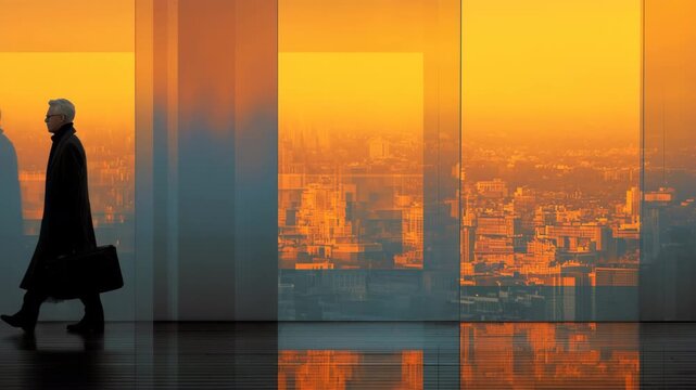 男性が夕景の相場に向き合い歩く