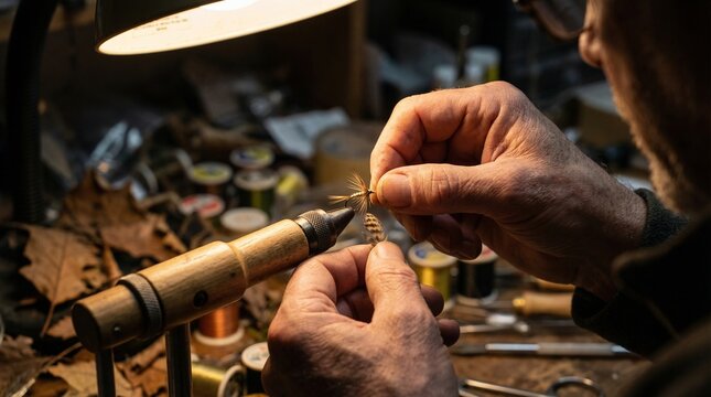 Close-up of hands meticulously tying a fishing fly with warm, focused desk lamp illumination on a cluttered workbench, showcasing traditional craftsmanship