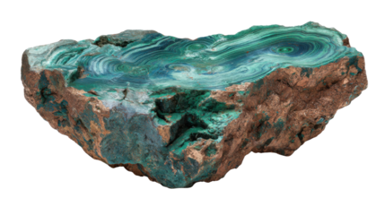 Malachite raw gemstone showing vibrant green banding and natural texture on transparent background