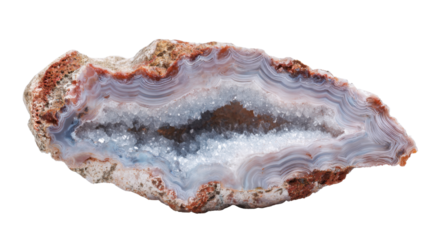 Polished agate geode showing beautiful bands and shimmering quartz crystals, a natural geological formation on transparent background