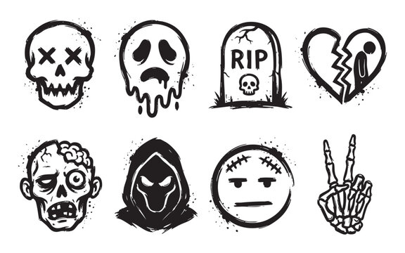 Collection of grunge graffiti horror icons including skull, zombie head, reaper hood, tombstone, broken heart, and skeleton hand peace sign