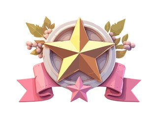 Złota pięcioramienna gwiazda na medalu z r&oacute;żową wstęgą i liśćmi, izolowany element graficzny.