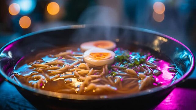 Steaming bowl of delicious ramen noodles with egg and herbs in vibrant lighting