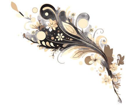 Elegancki, czarno-beżowy, kwiatowy ornament w stylu vintage na przezroczystym tle, idealny do dekoracji.