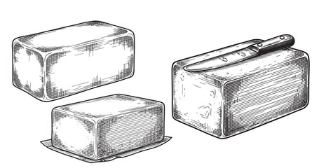 Butter block engraving illustration for dairy packaging