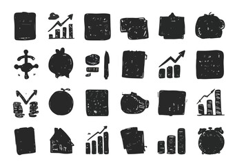 Zestaw ręcznie rysowanych, czarnych ikon biznesowych i finansowych na białym tle, idealny do projekt&oacute;w graficznych.