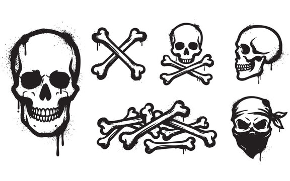 Set of grunge graffiti skull and crossbones icons including pirate bandana style and bone piles with dripping