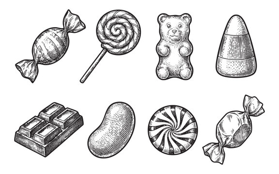 vintage candy illustrations including lollipop, chocolate, gummy bear, and wrapped sweets