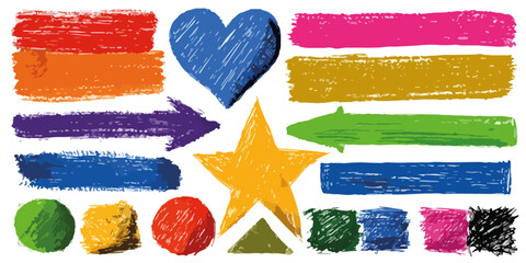 Zestaw kolorowych, ręcznie rysowanych pociągnięć pędzla, strzałek, serca i gwiazdy na białym tle.