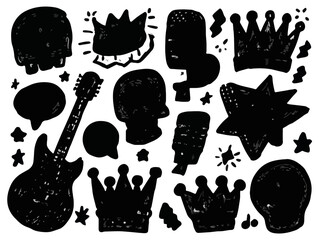 Zestaw ręcznie rysowanych czarnych sylwetek symboli rocka, koron i mikrofon&oacute;w na białym tle.