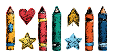 Kolorowe kredki i ręcznie rysowane symbole miłości i sukcesu na przezroczystym tle.