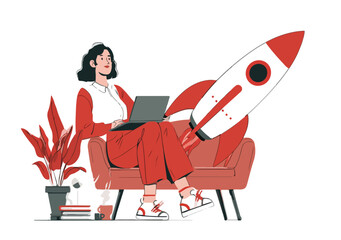 Kobieta z laptopem i rakietą symbolizującą szybki start lub rozw&oacute;j kariery w domu.
